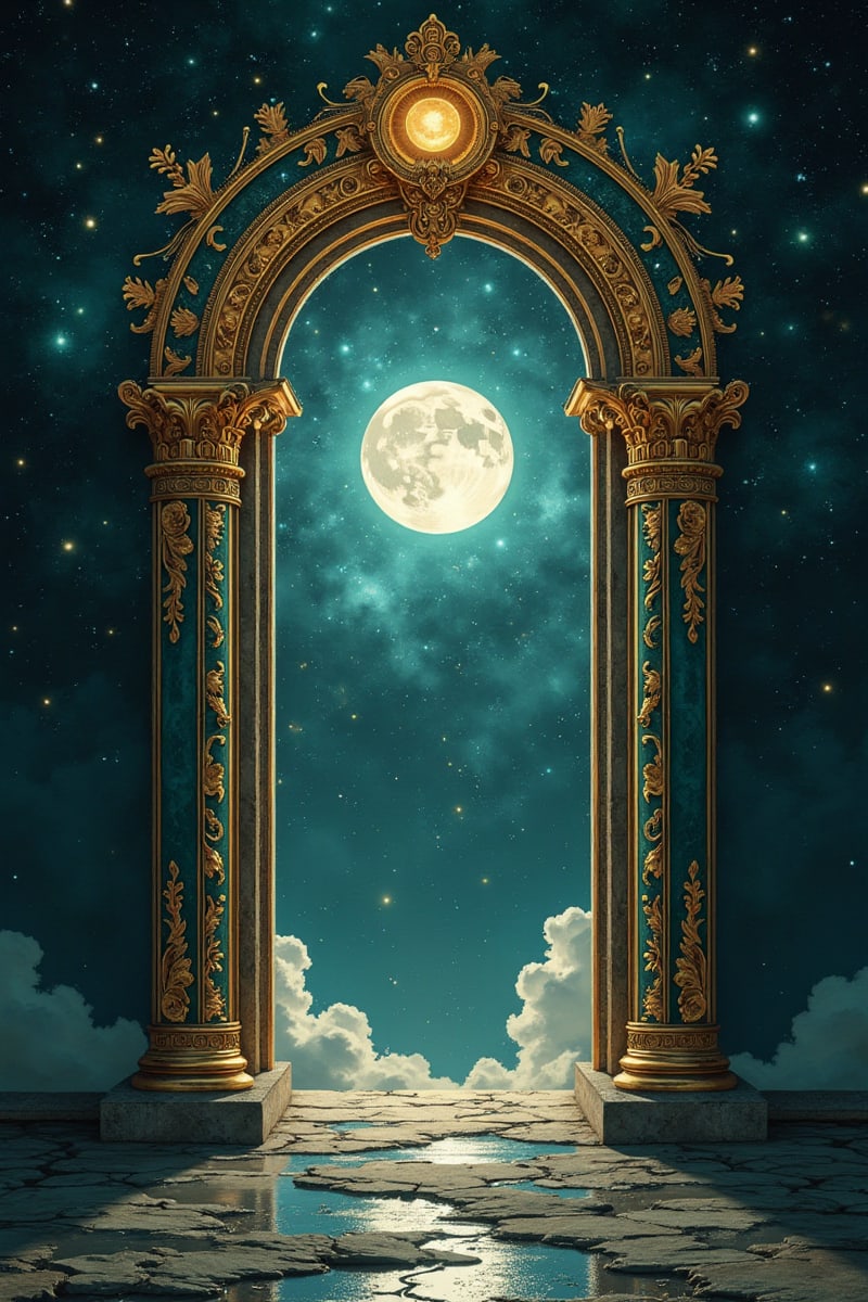 An ornate gilded archway opening onto a moonlit cosmos